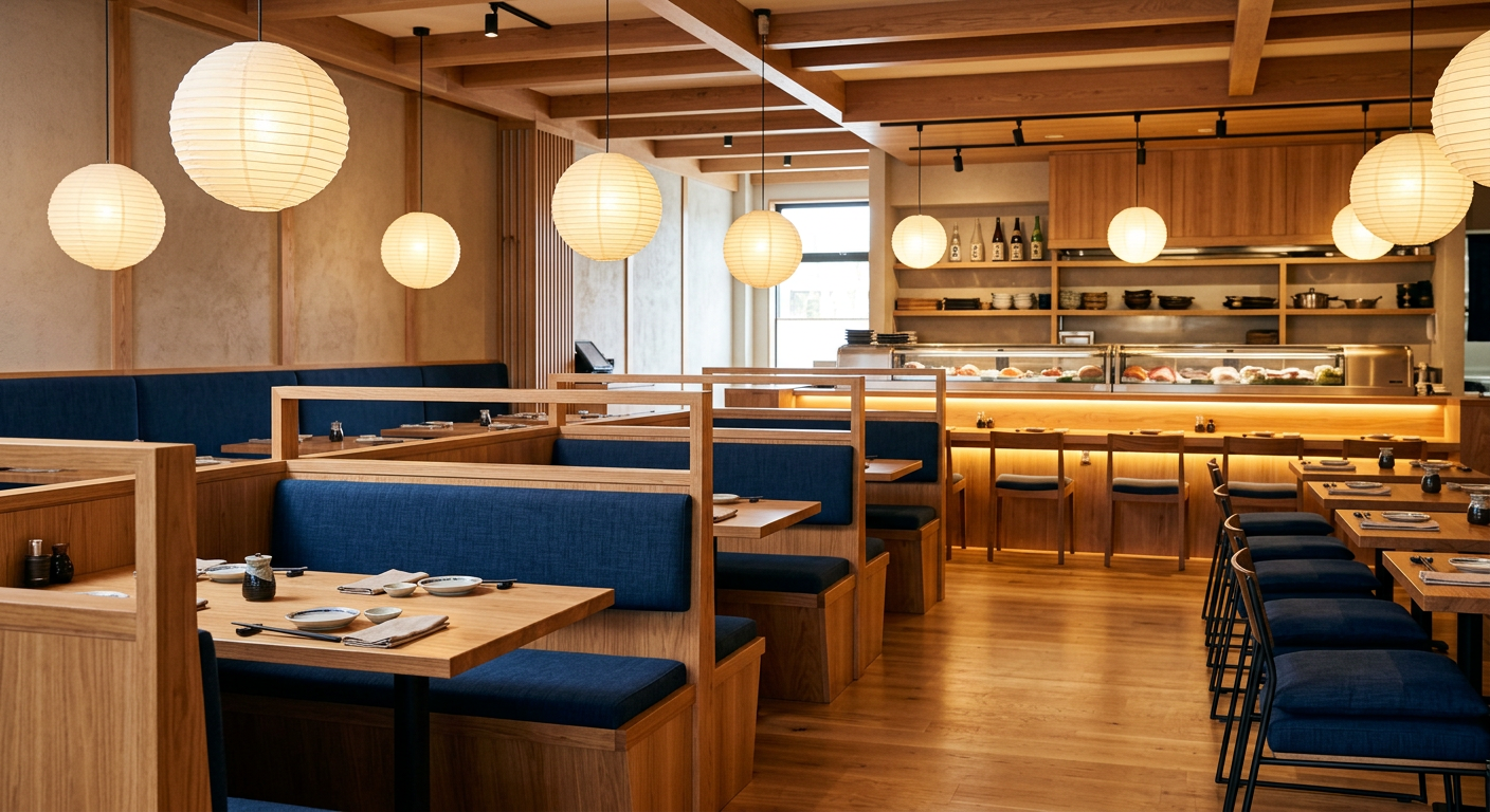 Contemporary Japanese dining room with timber tables and paper lantern lights
