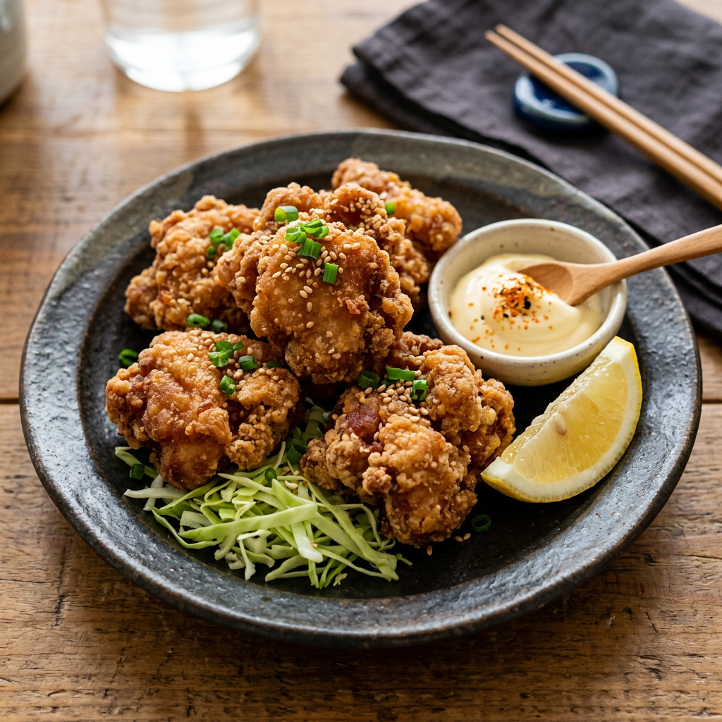Golden Japanese karaage fried chicken with lemon