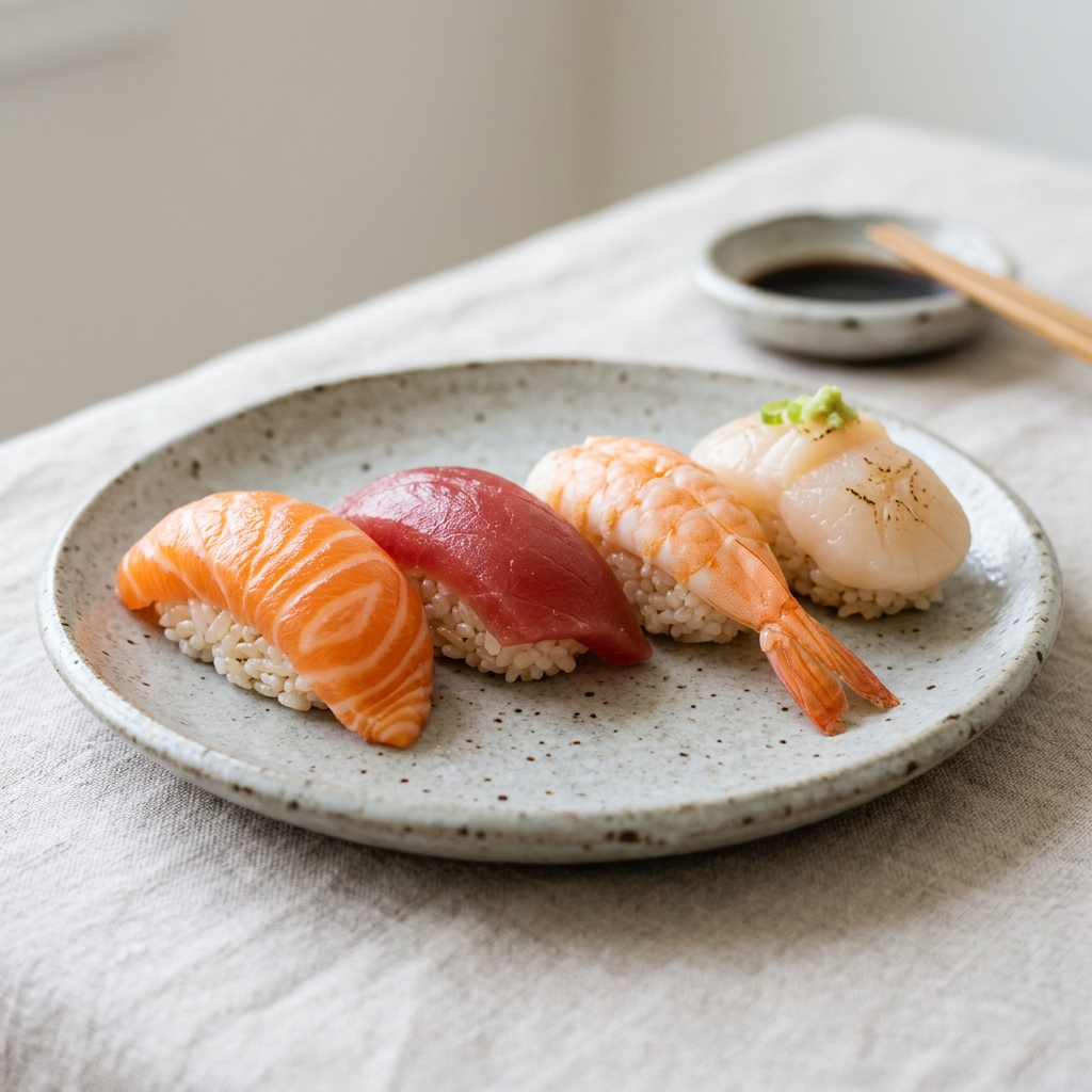 Assorted nigiri sushi on a ceramic plate