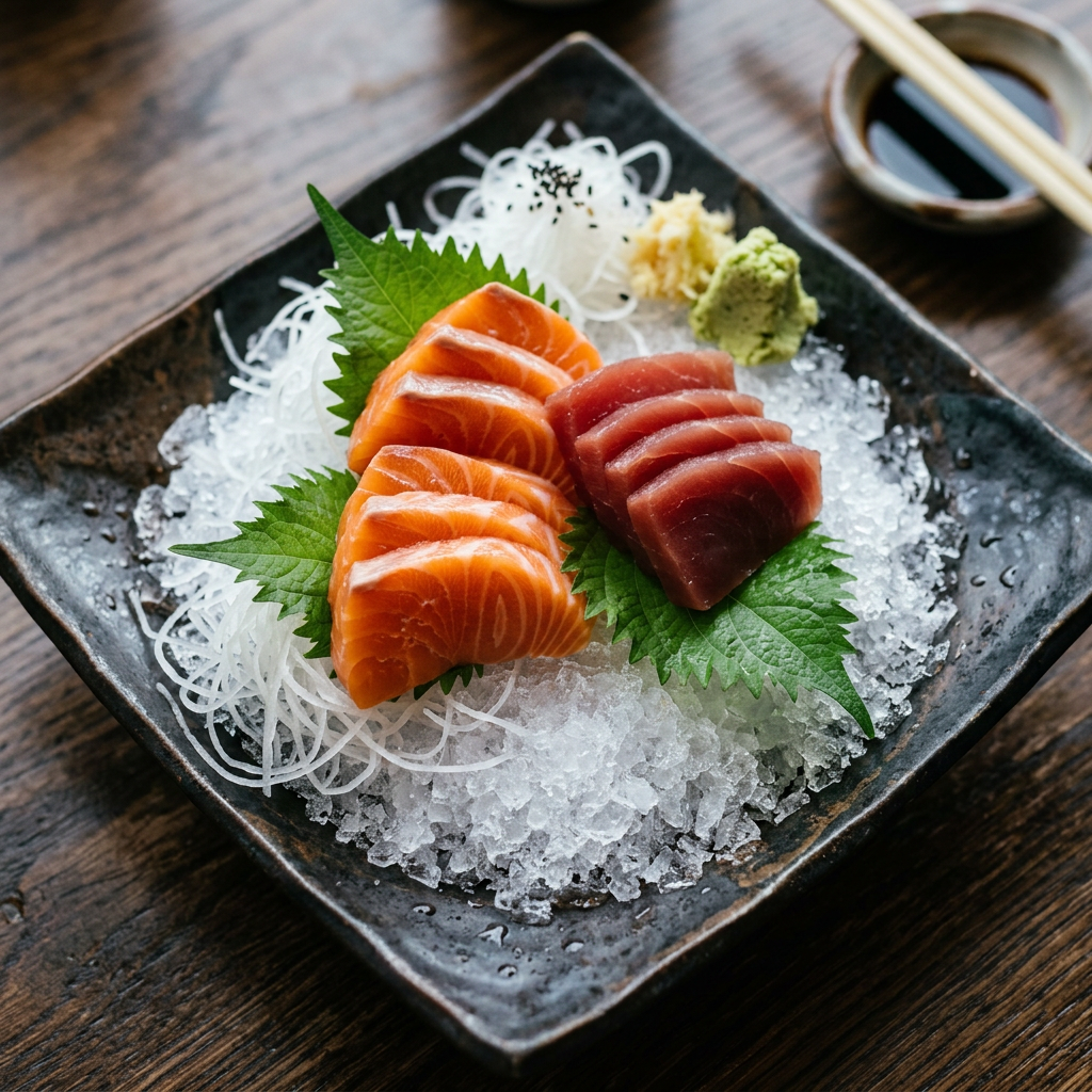 Fresh salmon and tuna sashimi platter on ice