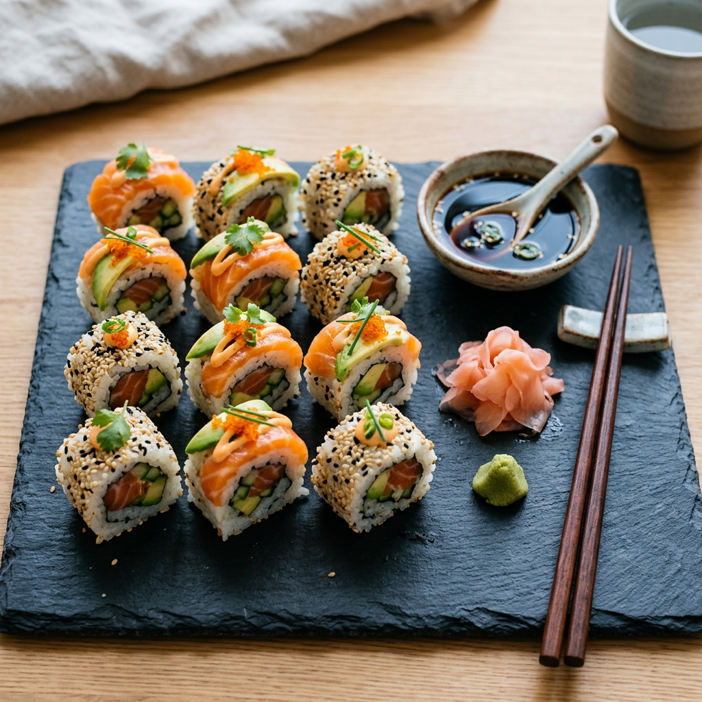 Sliced sushi rolls with pickled ginger