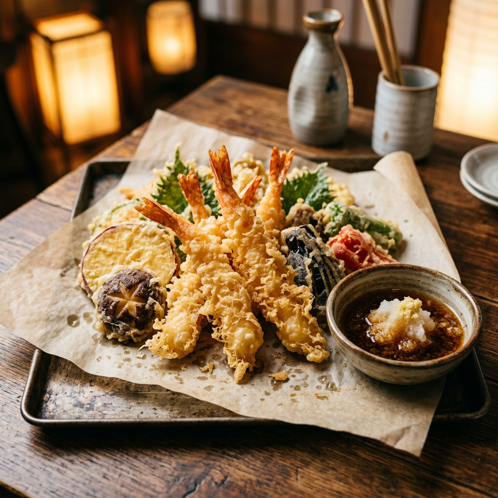 Golden crispy tempura prawns and vegetables