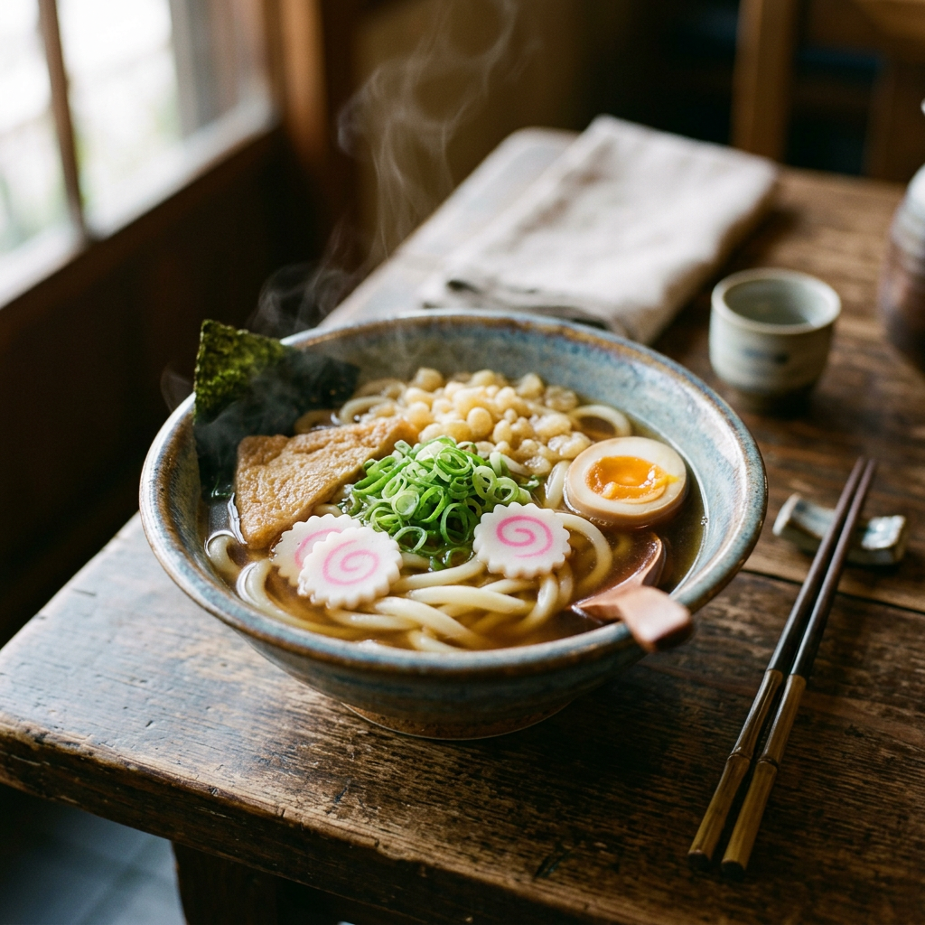 Steaming bowl of udon noodle soup