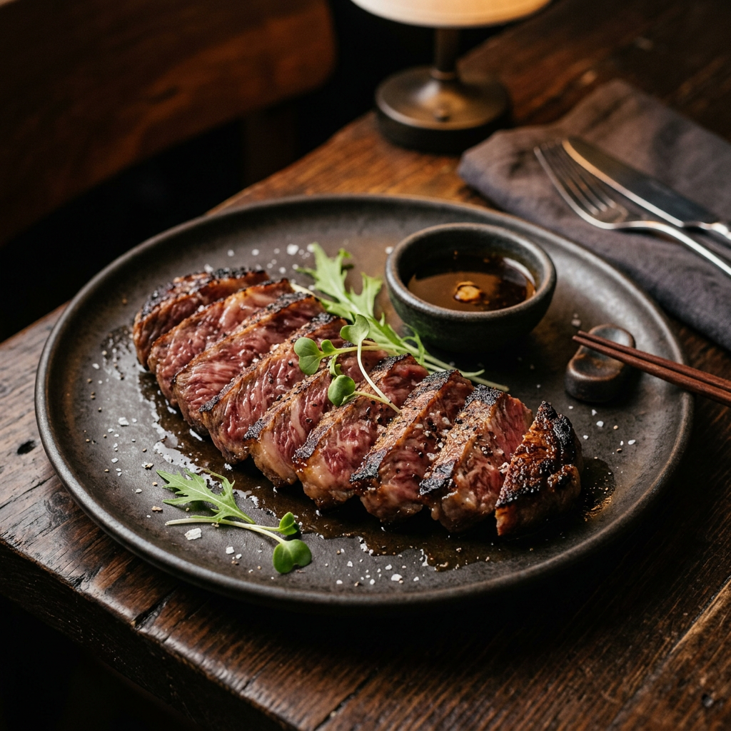 Seared marbled wagyu beef slices