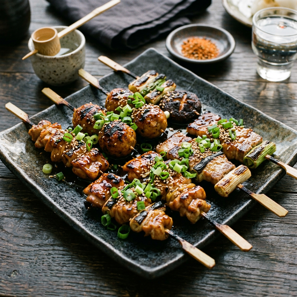 Glazed grilled yakitori skewers